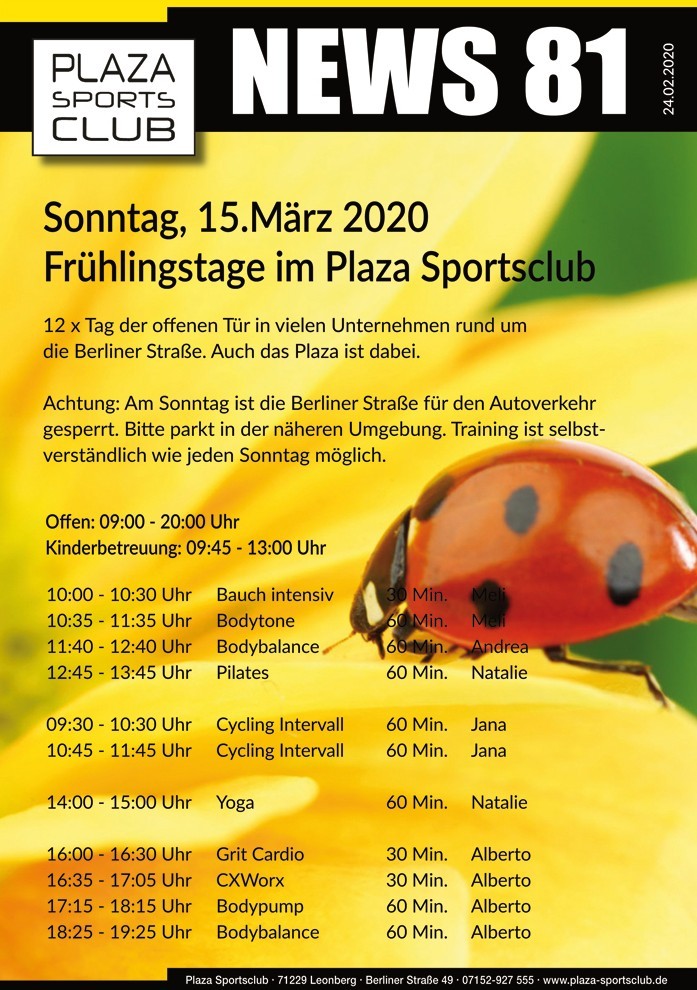 Frühlingstage im Plaza Sportsclub - Sonntag, 15.3.2020....
